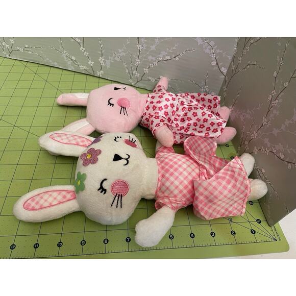 Happy Go Fluffy White & Pink Easter Bunny Rabbit Plush Stuffed Satin 11” Set Lot - Picture 5 of 9